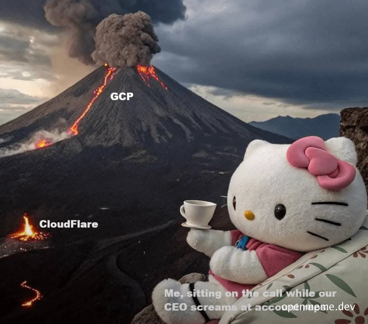 Hello Kitty sitting calmly with a cup of tea while volcanoes representing GCP and CloudFlare erupt in the background