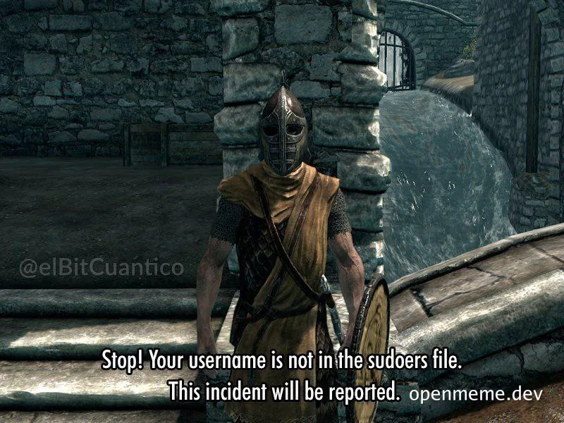 a screenshot from a video game with a knight in armor and a caption about sudoers file