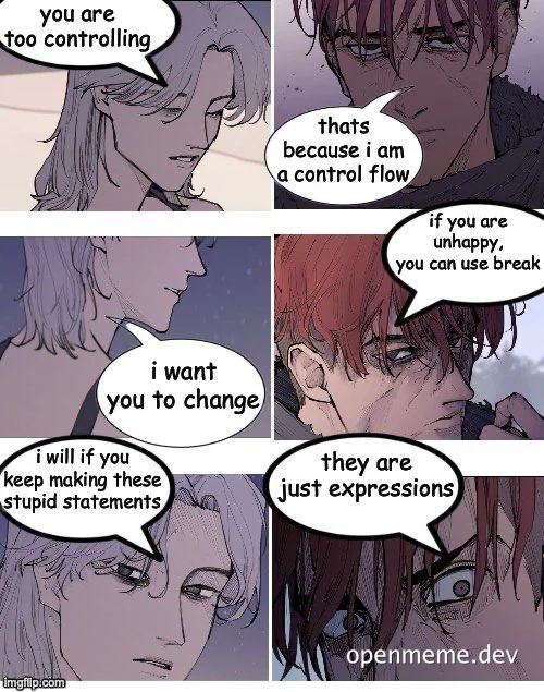 manga-style comic strip of a man and woman talking about control flow
