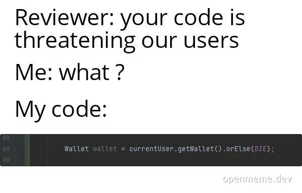 Code review meme: threatening users
