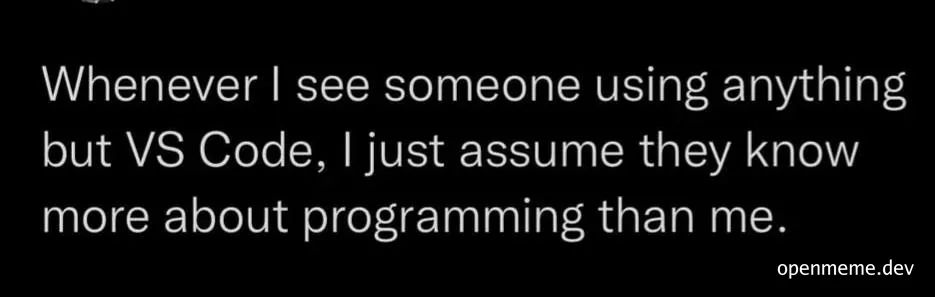Text on black background: 'Whenever I see someone using anything but VS Code, I just assume they know more about programming than me.'