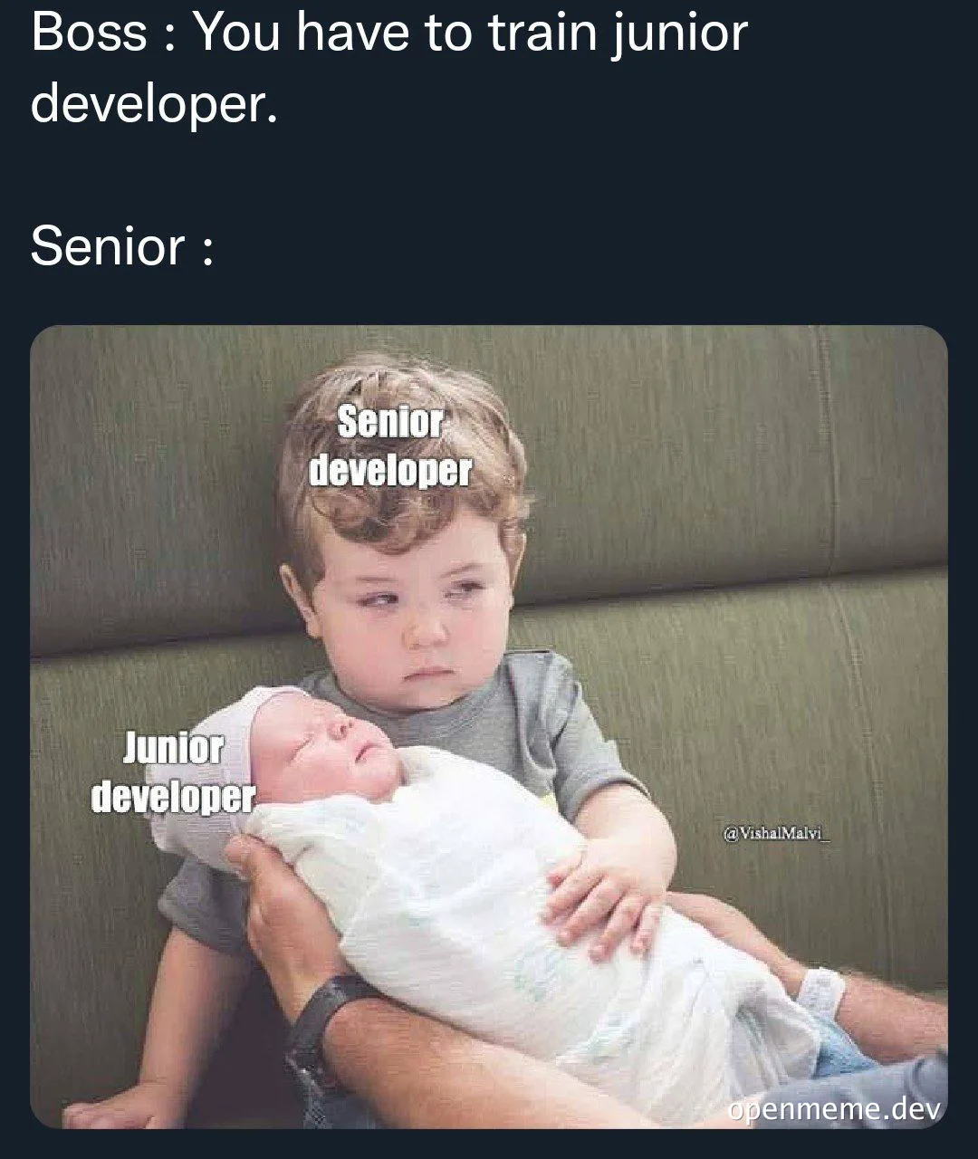 senior developer holding junior developer like a baby