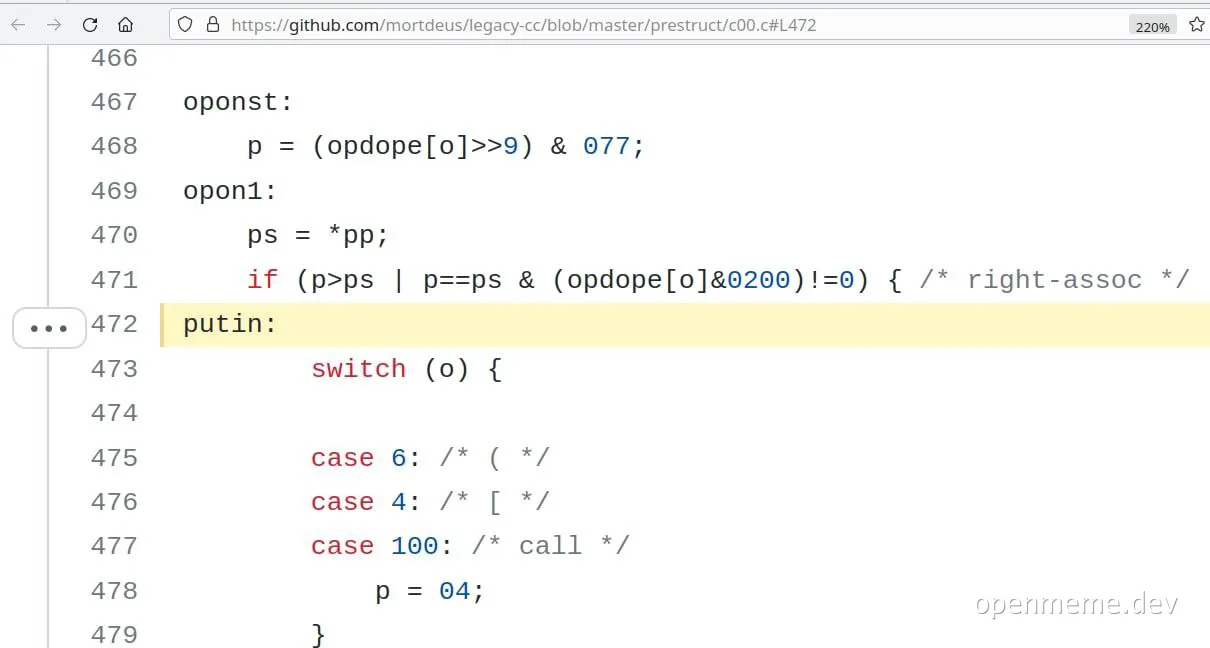 Code snippet with Putin switch statement