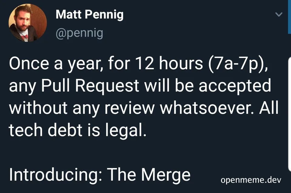 A humorous tweet about a fictional 'The Merge' event where all pull requests are accepted without review for 12 hours.