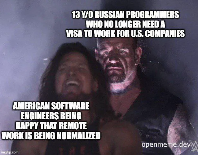 meme image of two men looking shocked with text about russian programmers and american software engineers