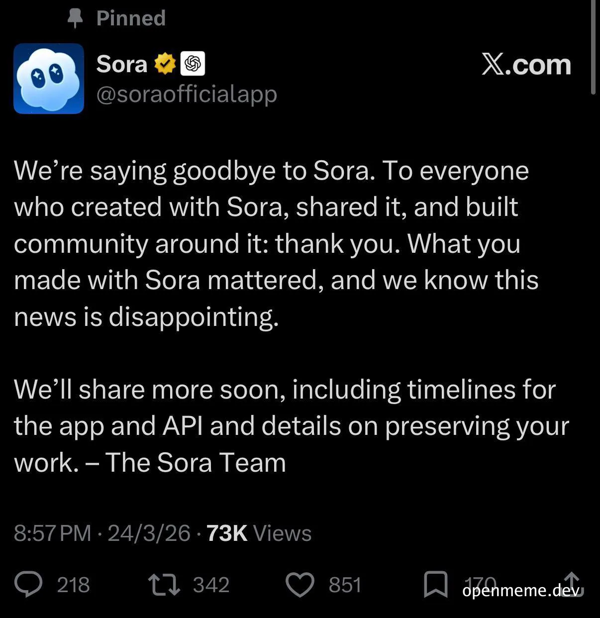 Sora app goodbye message