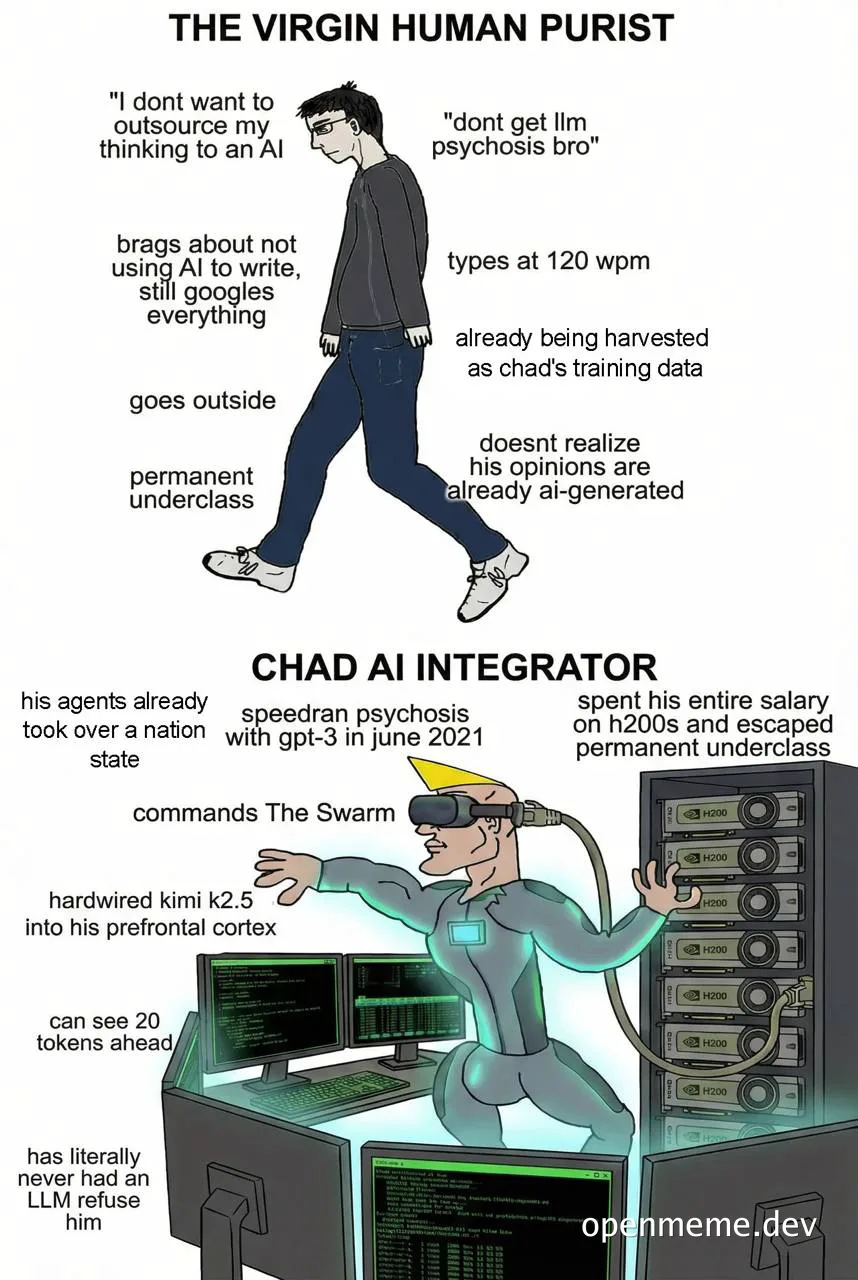 The Virgin Human Purist vs Chad AI Integrator meme
