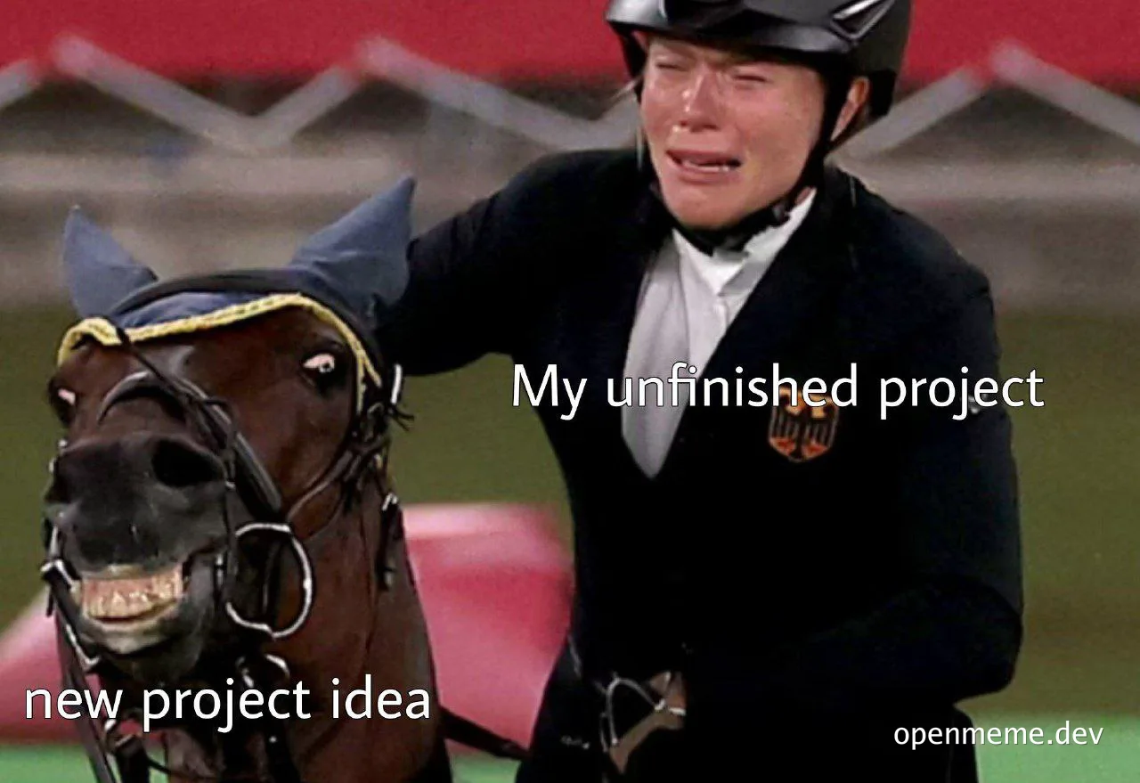 funny meme about unfinished project and new project idea