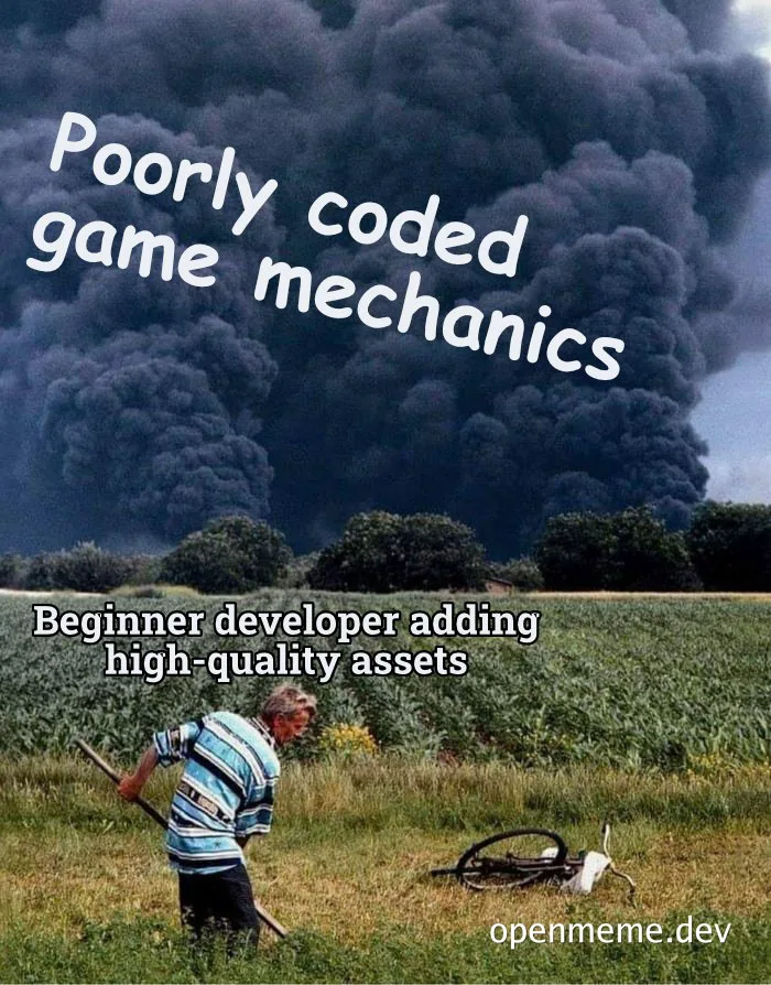 Poorly coded game mechanics meme with a developer in a field and a large explosion in the background