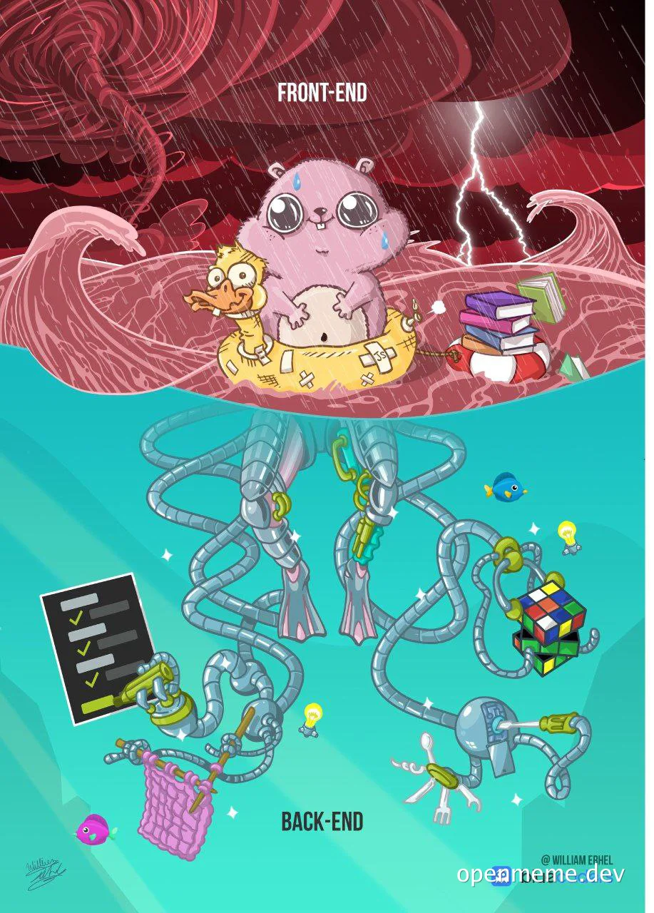 cartoon hamster and bird on a raft labeled front-end contrasted with back-end tentacles