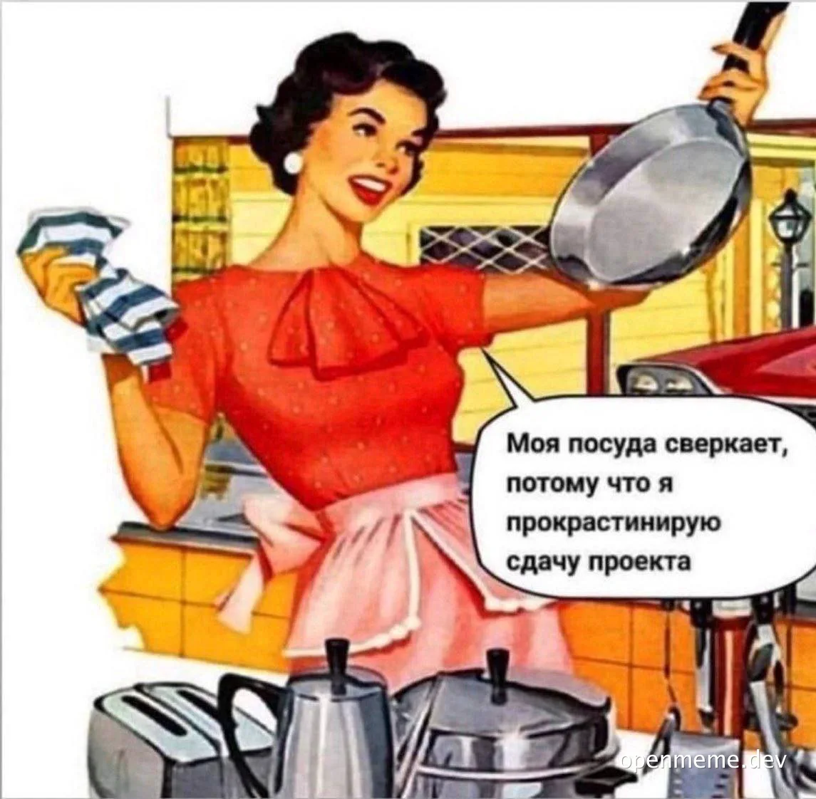 housewife holding frying pan and dishcloth with sparkling dishes around her