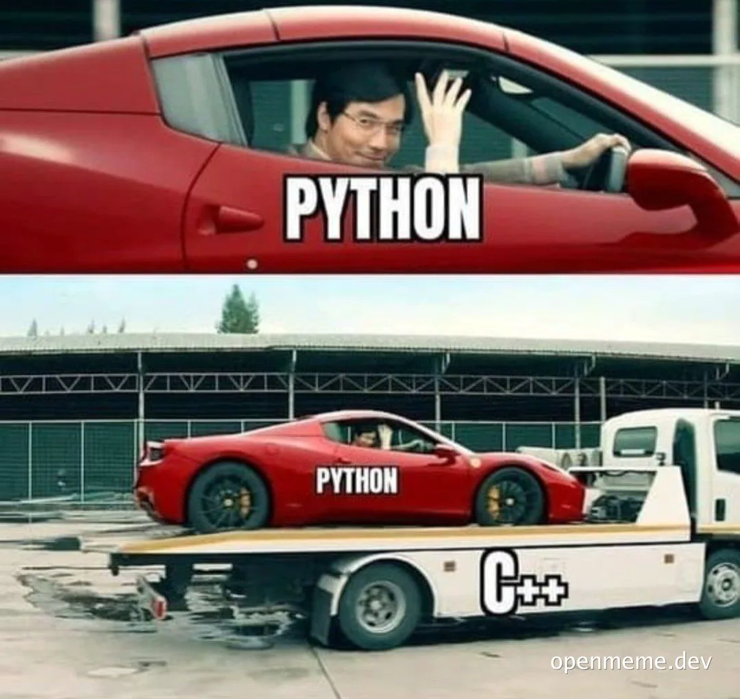 humorous meme comparing python and c++ programming languages