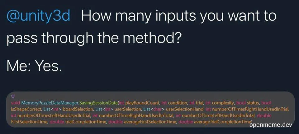 A developer humorously responds to a question about method inputs with a code snippet