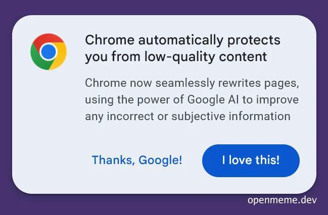 Chrome browser popup about AI-powered content rewriting