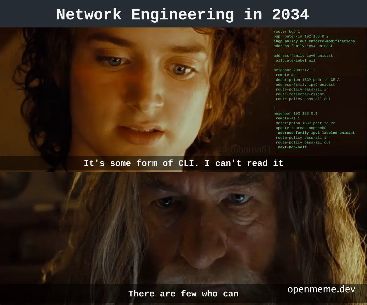 Network Engineering in 2034 meme with two character faces and code