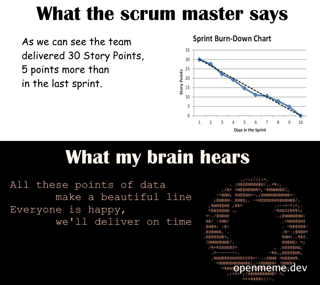 A meme about a scrum master's optimistic interpretation of a sprint burn-down chart and the developer's skeptical reaction.
