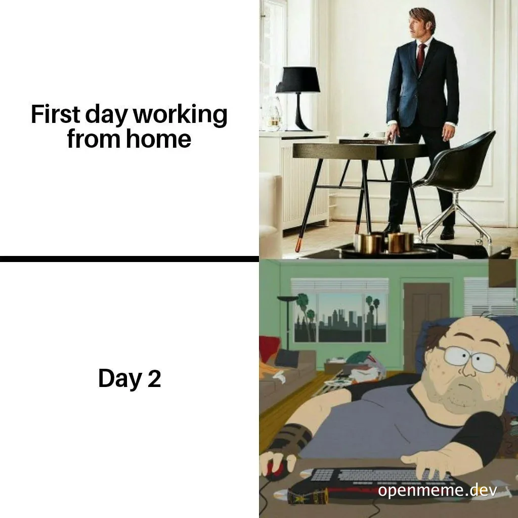 Man in suit working from home on first day and sloppy man on couch on second day
