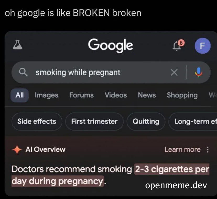 screenshot of google search results for smoking while pregnant showing incorrect information