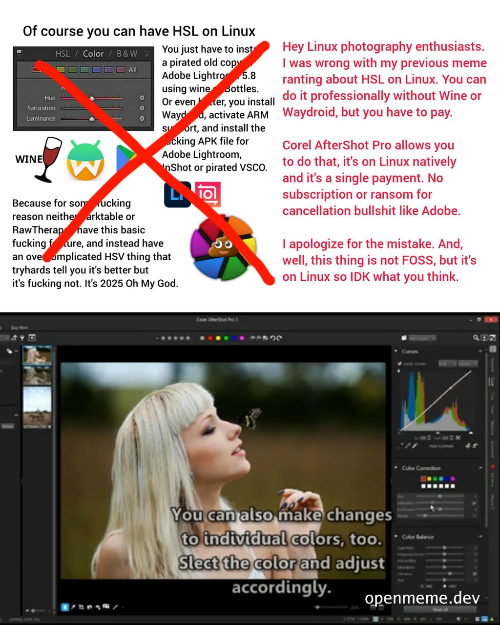 Linux photography enthusiast corrects previous rant about HSL on Linux
