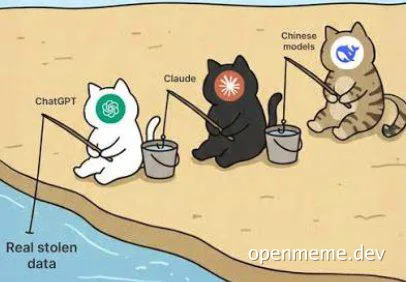 Cartoon of three cats representing ChatGPT, Claude, and Chinese models fishing in a lake labeled Real stolen data