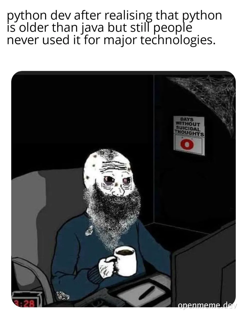 Cartoon developer with a mug looking stressed at a computer with a 'days without suicidal thoughts' sign on the wall