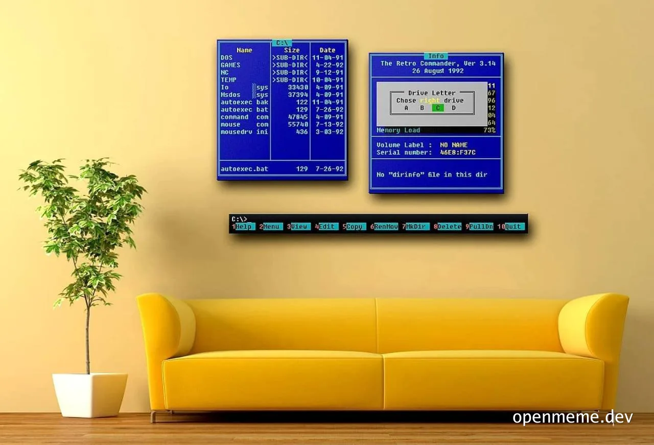 Vintage MS-DOS interface wall decals above a yellow sofa