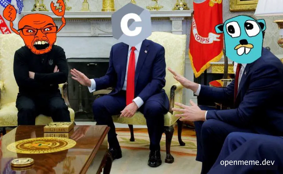 Meme showing Elon Musk with a crab head, Donald Trump with a Claude logo head, and a blue cartoon character in a formal room.