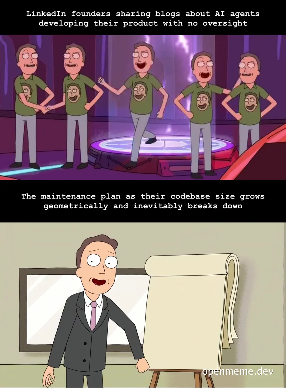 Rick and Morty characters in green shirts laughing on a circular platform and a man in a suit presenting on a whiteboard