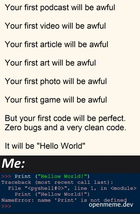 humorous coding meme about first coding experience
