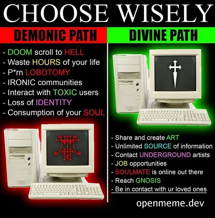 computer monitor with demonic and divine paths