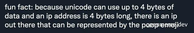 Text image stating a fun fact about unicode and ip address length matching the poop emoji