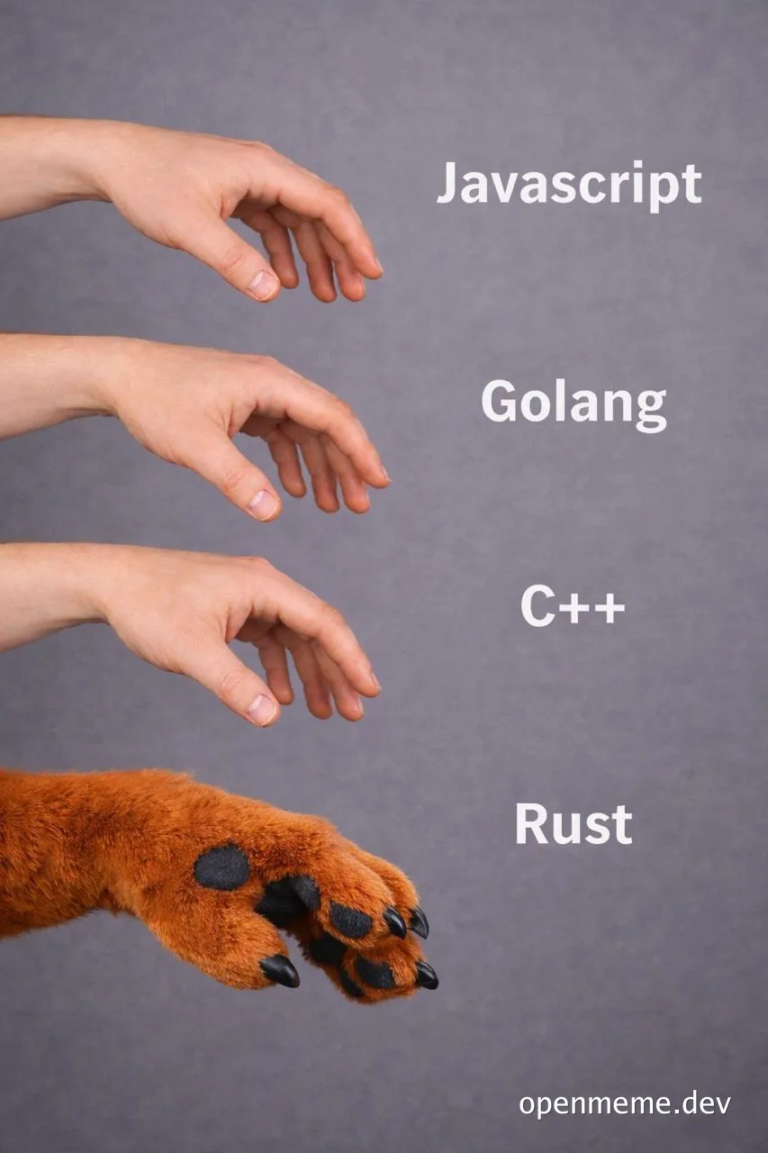 Two human hands reaching out to a claw, labeled with programming languages