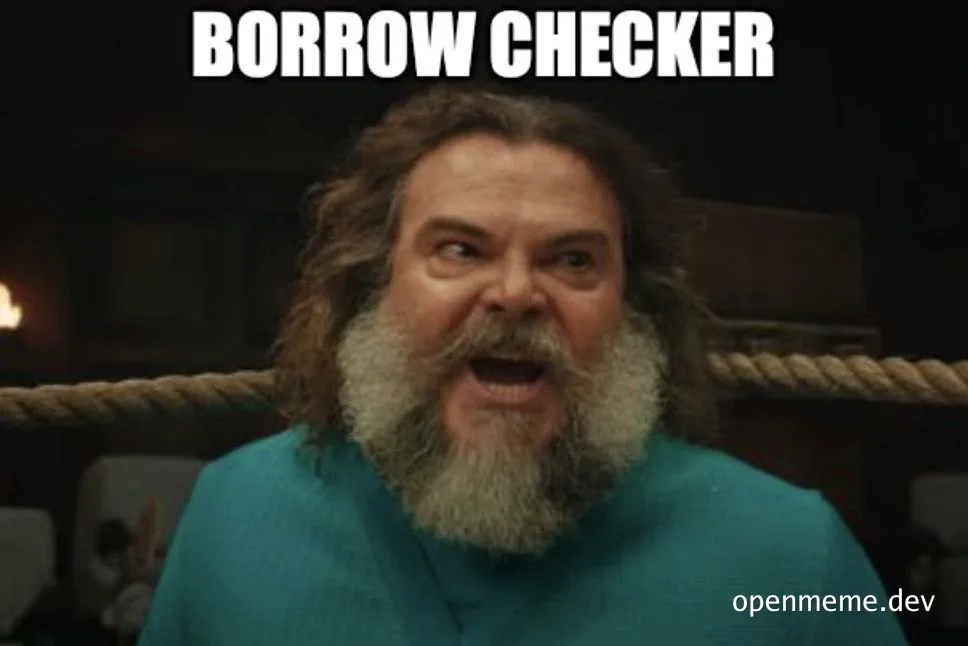 angry developer with long hair and beard in a teal shirt with text 'BORROW CHECKER'