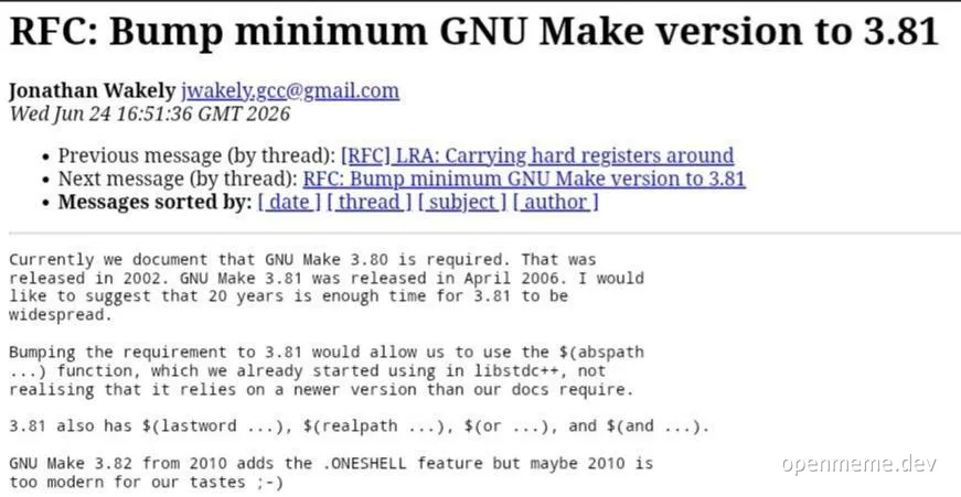Screenshot of an email thread suggesting a GNU Make version bump, highlighting the reluctance to use modern versions.