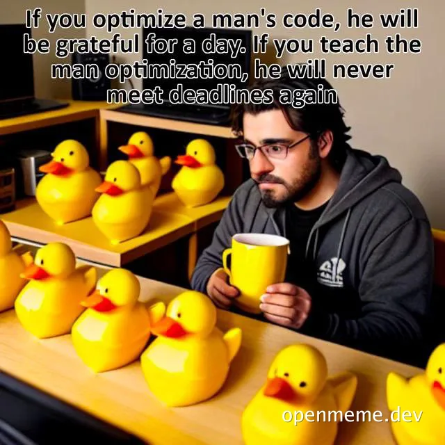 man sitting at desk with multiple rubber ducks and a cup, with text about code optimization
