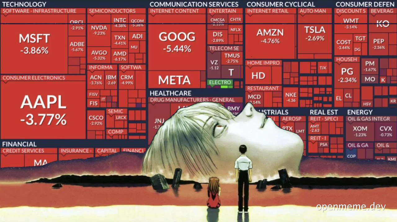 A meme featuring a giant head resting on a landscape made of a red stock market heat map showing significant losses in tech stocks like Apple, Microsoft, and Google.