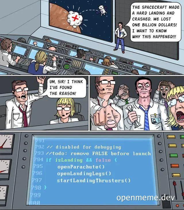Cartoon of a spacecraft crashing into a planet with a code snippet on the screen showing a disabled landing check.