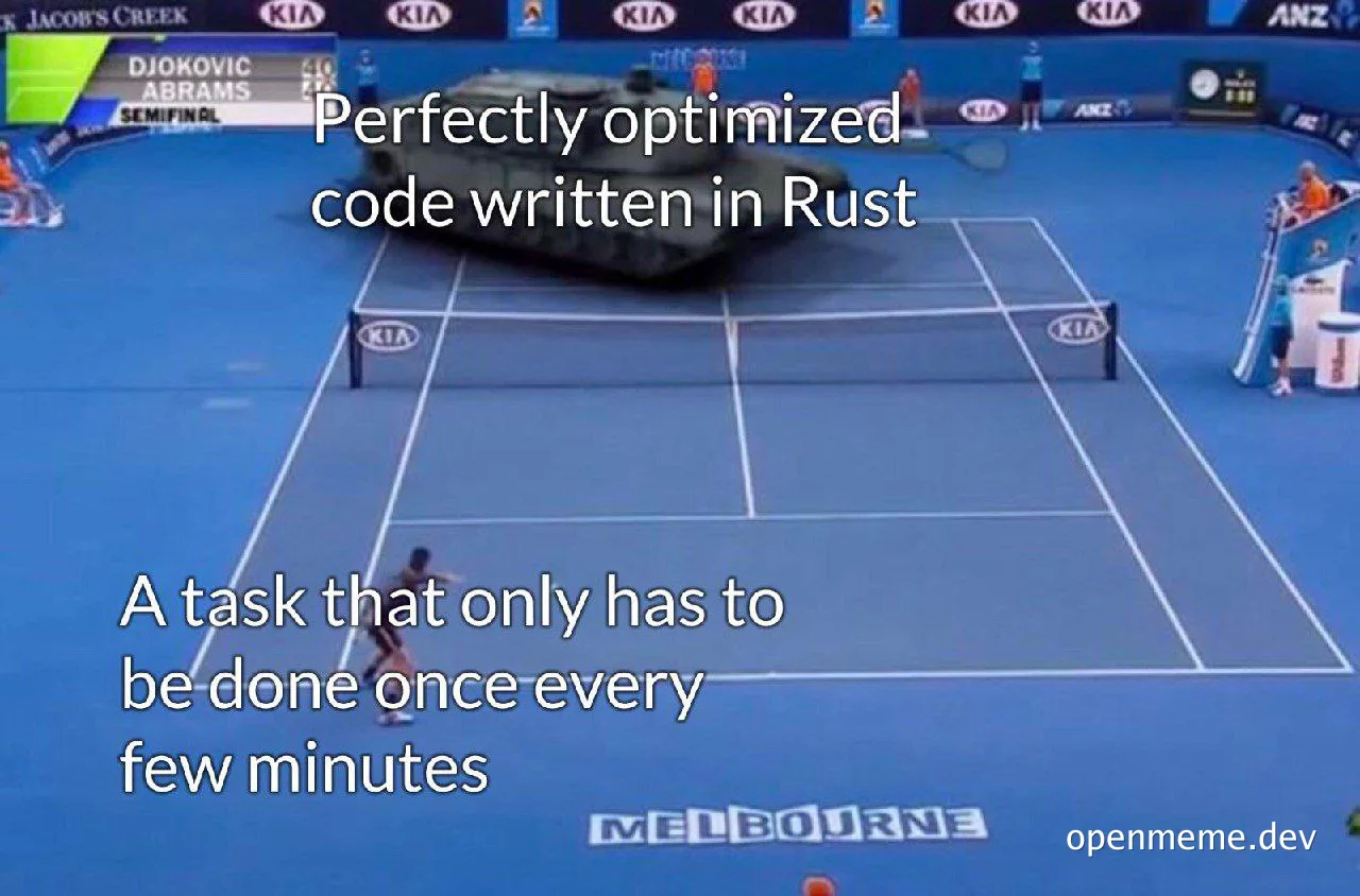 a tennis court with a tank on it and a player hitting a ball, with text about optimized code in Rust