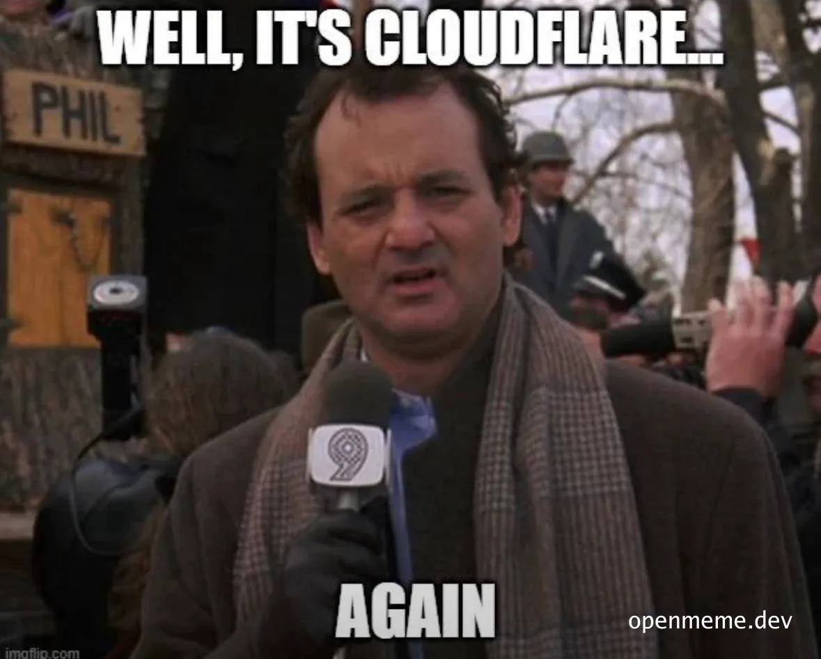 Man being interviewed with a serious expression and text 'WELL, IT'S CLOUDFLARE... AGAIN'