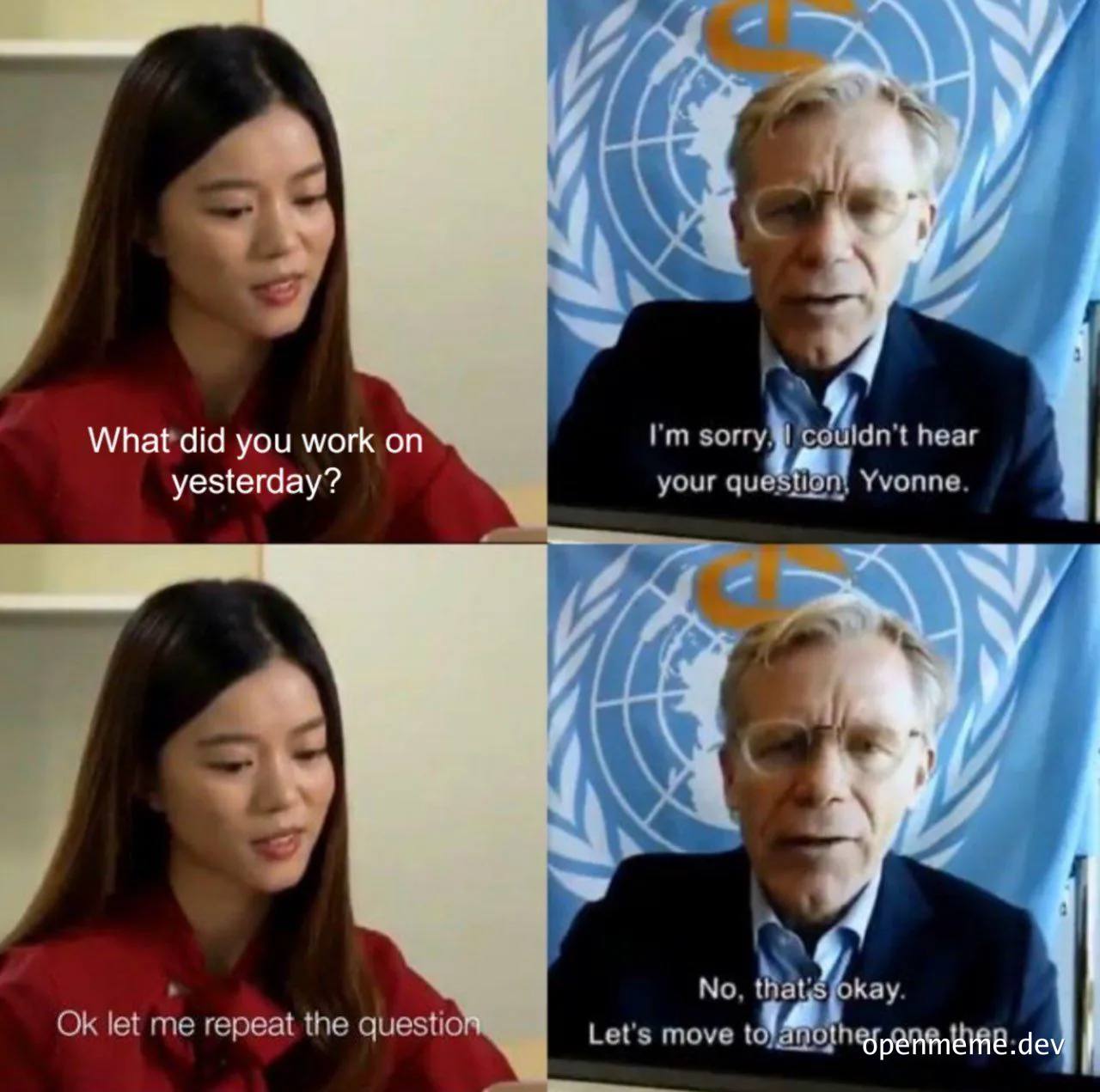 meme of woman asking man on screen what did you work on yesterday