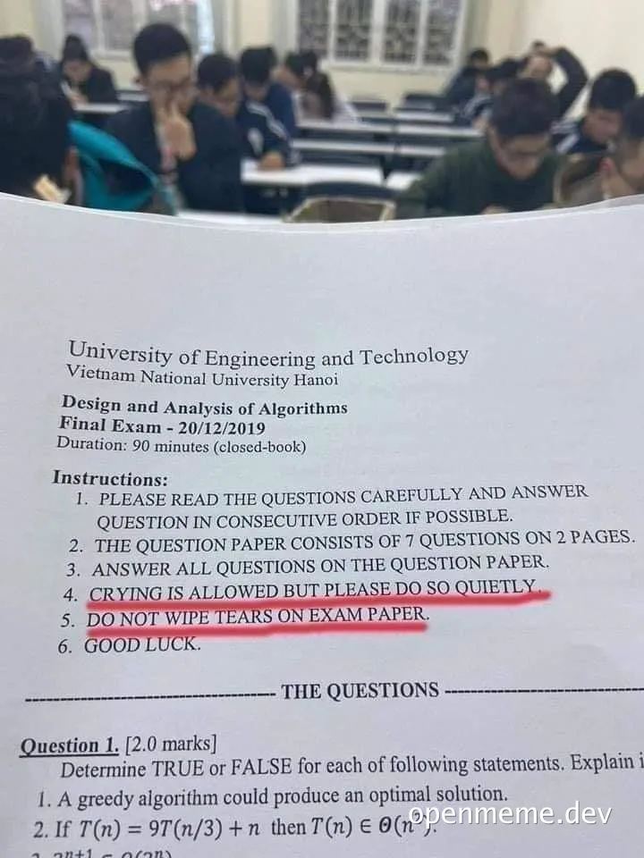 university exam instructions with red annotation