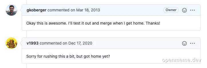 Merge conflict meme with developer comments