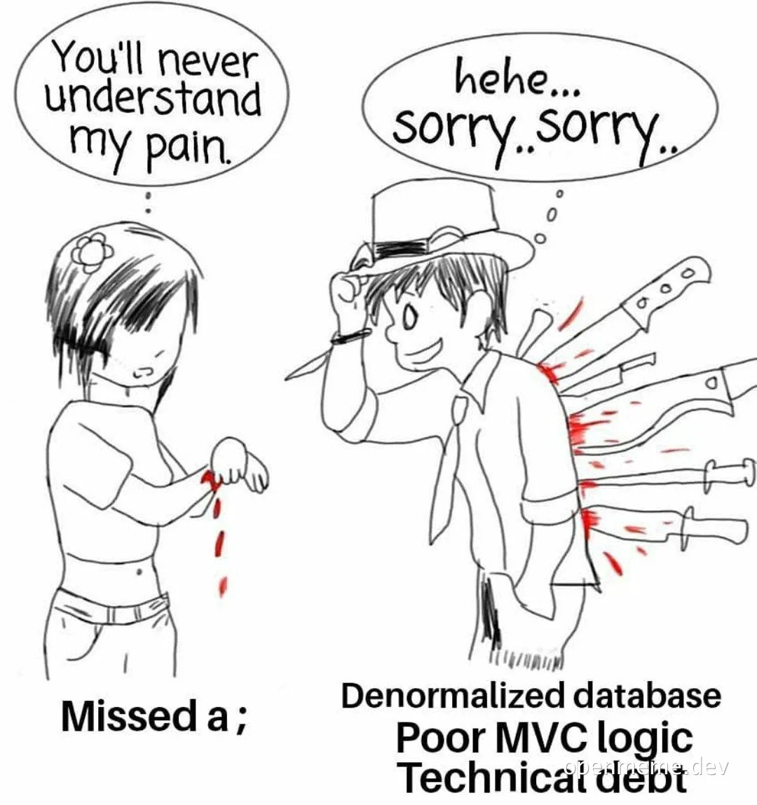 cartoon of a woman with a bleeding arm and a man with knives stabbing his back, relating coding pain