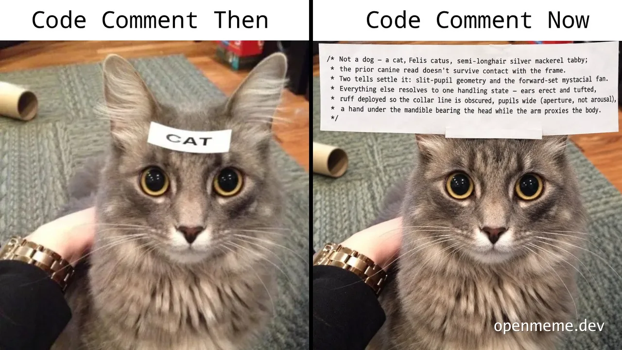 Meme comparing 'Code Comment Then' showing a cat with a label saying 'CAT' to 'Code Comment Now' showing the same cat with a label containing a long, complex biological description of the cat.