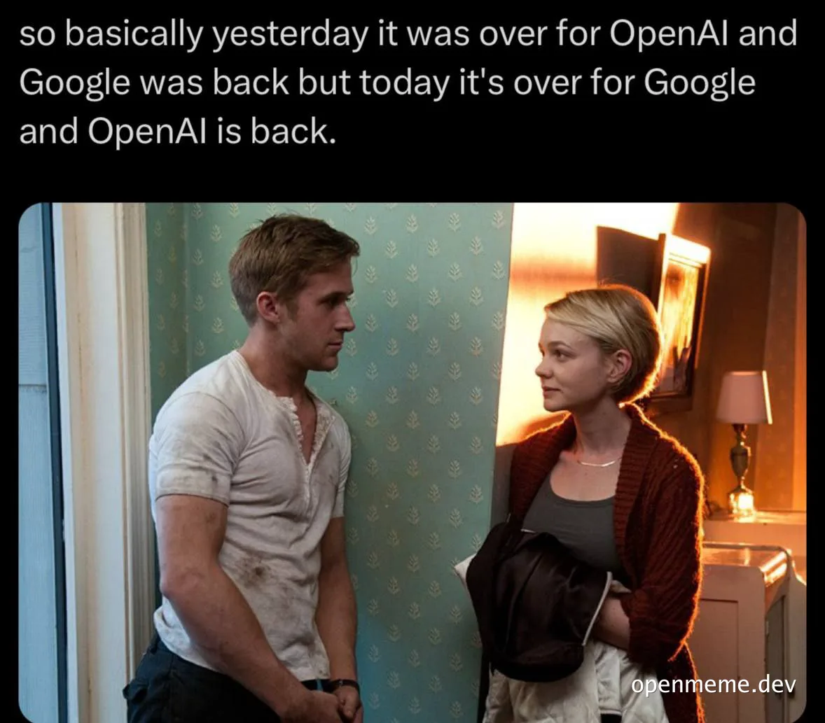 a man and woman looking at each other with a caption about OpenAI and Google