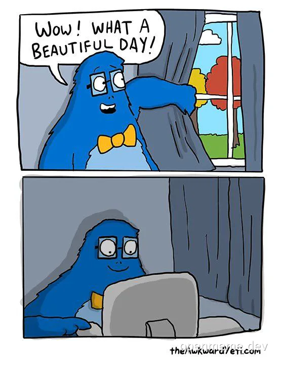 cartoon blue monster looking out window then at computer