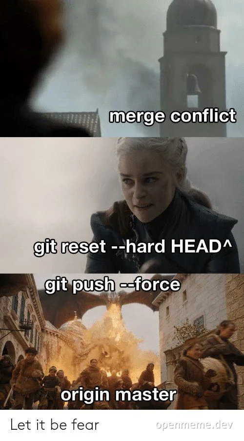 Game of Thrones scene stills with text about git merge conflict