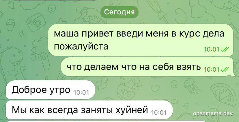 Скриншот переписки в Telegram: сотрудник просит ввести в курс дела, а в ответ получает «Мы как всегда заняты хуйней»