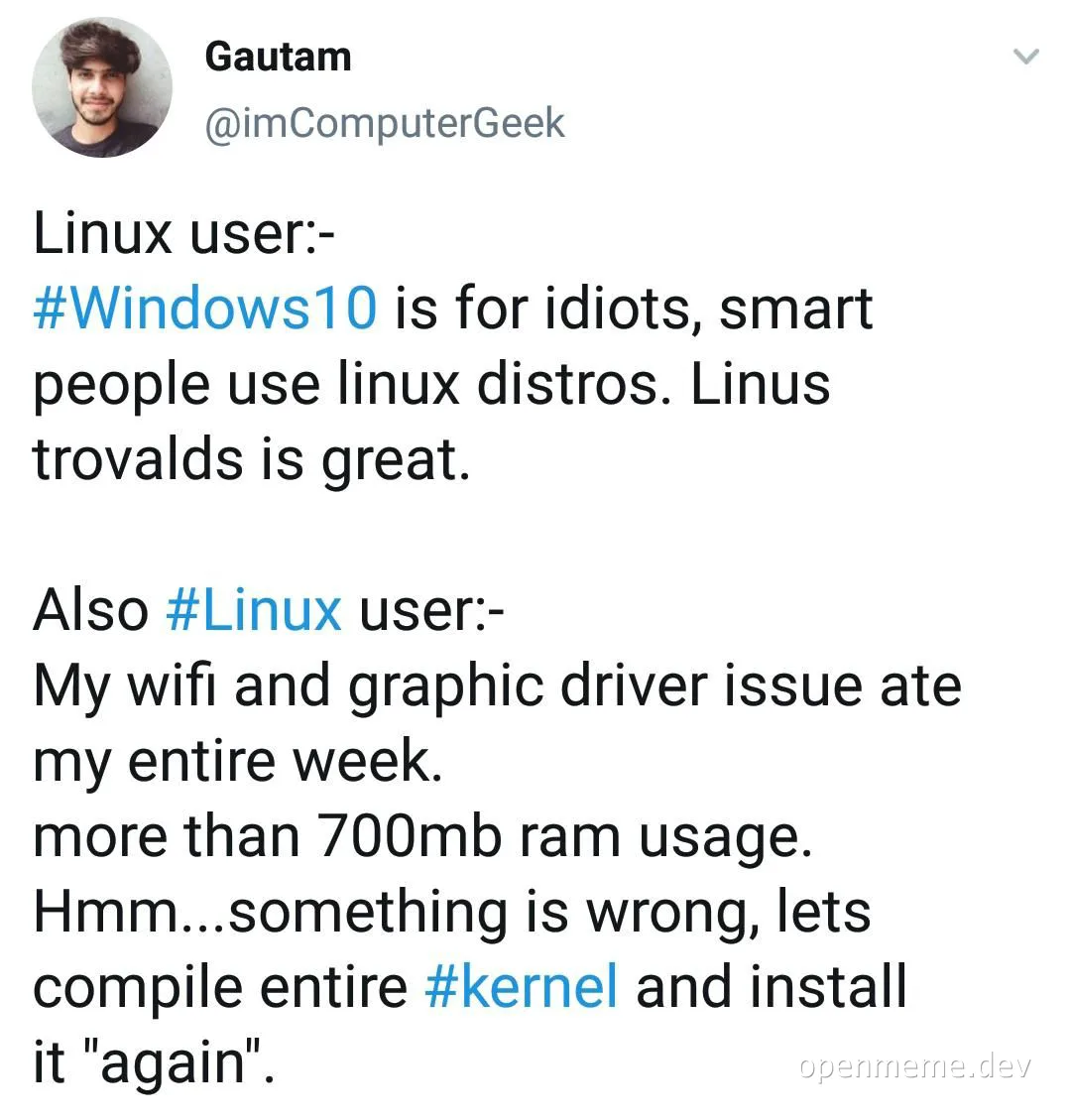 Linux user humor about Windows 10 vs Linux
