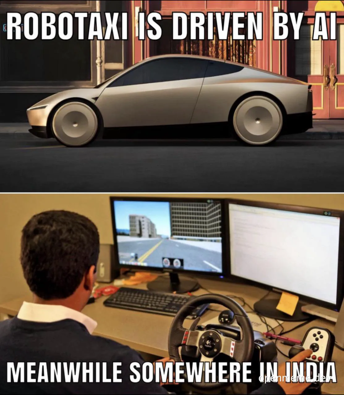 Robotaxi AI meme with a futuristic car and a person driving a simulator